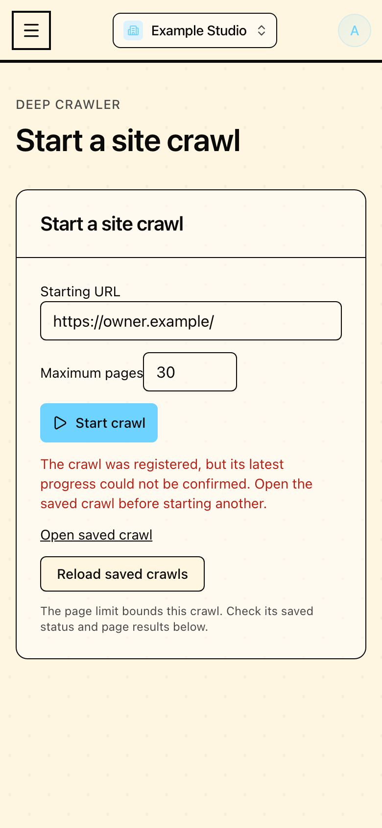 Registered crawl recovery mobile preview with sample data